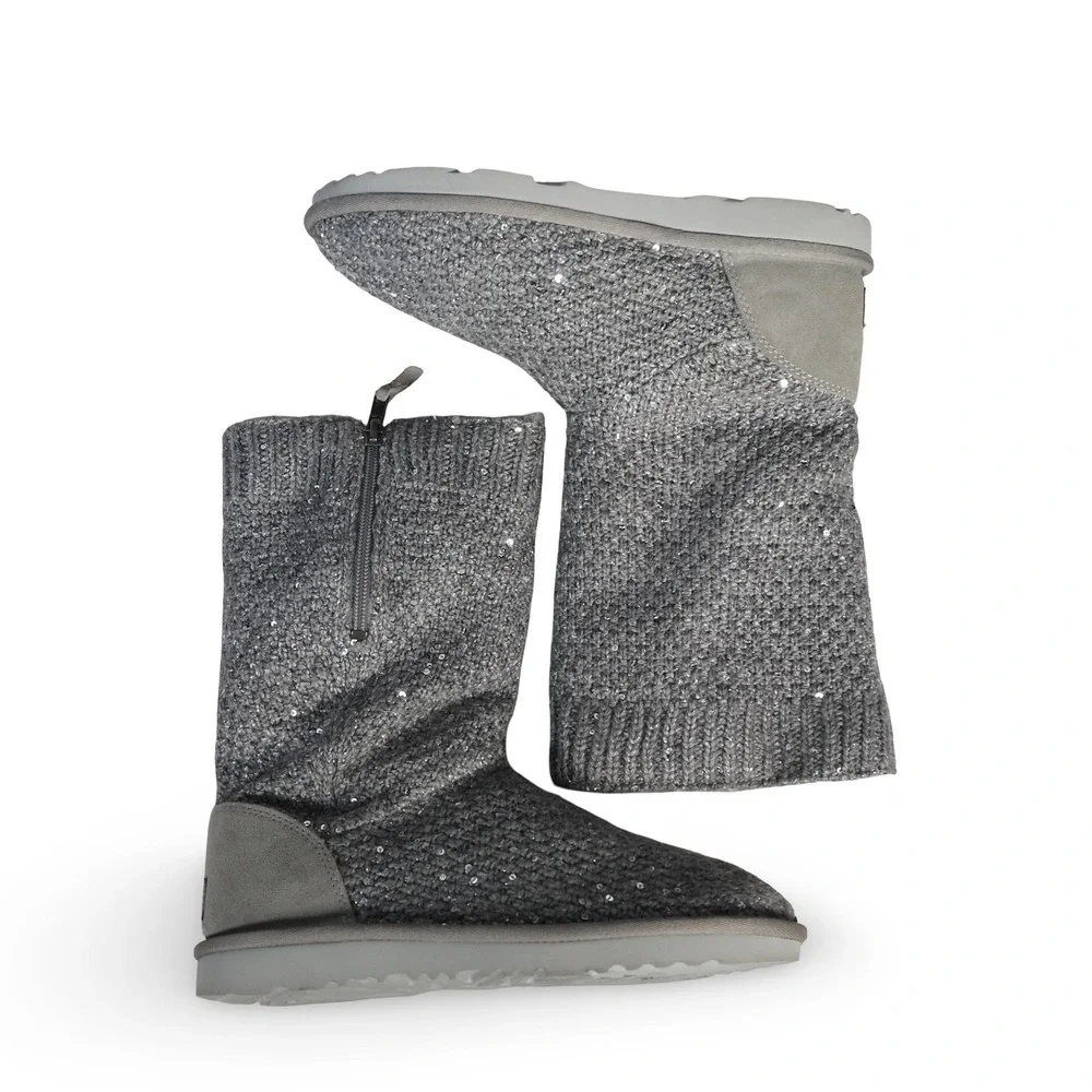 UGG Knit Sequin Side Zip Boots Grey 1104669K Youth‎ 5 Women's 6